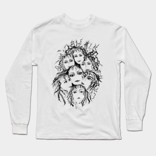 Black and White Girls Fashion Illustration Long Sleeve T-Shirt